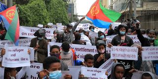 Eritrean Refugees protest in-front of the United Nations High Commissioner for Refugees (UNHCR) offices