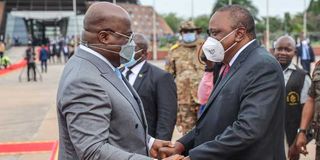 DRC President Felix Tshisekedi receives EAC chairman and Kenyan President Uhuru Kenyatta.