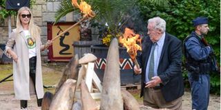 Kenyan paleoanthropologist Richard Leakey sets rhino horns on fire at a zoo in the Czech Republic in 2017.