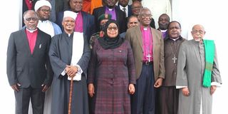 Tanzania's President Samia Suluhu Hassan with religious leaders at State House Dar es Salaam.