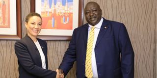 Jamaican Minister Kamina Johnson-Smith and Uganda's Foreign Trade Minister Okello Oryem.