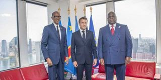Presidents Paul Kagame, Emmanuel Macron and Félix Tshisekedi.