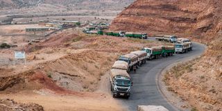 A convoy of trucks carrying food aid