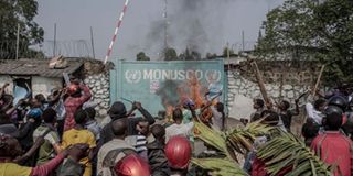Demonstrators outside a Monusco gate in DR Congo