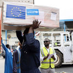 Baggage handlers offload humanitarian aid in Goma