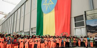 Workers waving Ethiopia’s flag celebrate at GERD
