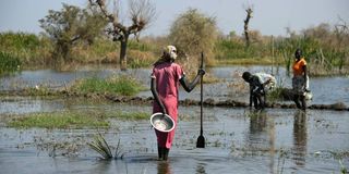An IDP wades through flood water