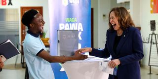 Kamala Harris and Tanzanian climate entrepreneur Gibson Kiwago