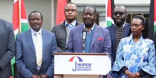 Azimio leaders led by Raila Odinga address journalists at SKM Command Centre on July 4, 2023.