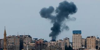 Gaza City's skyline during an Israeli air strike